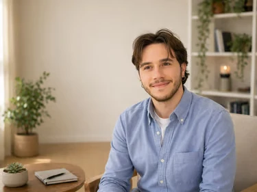 Andrea Fabiano seduto nel suo studio, sorridente, in camicia azzurra